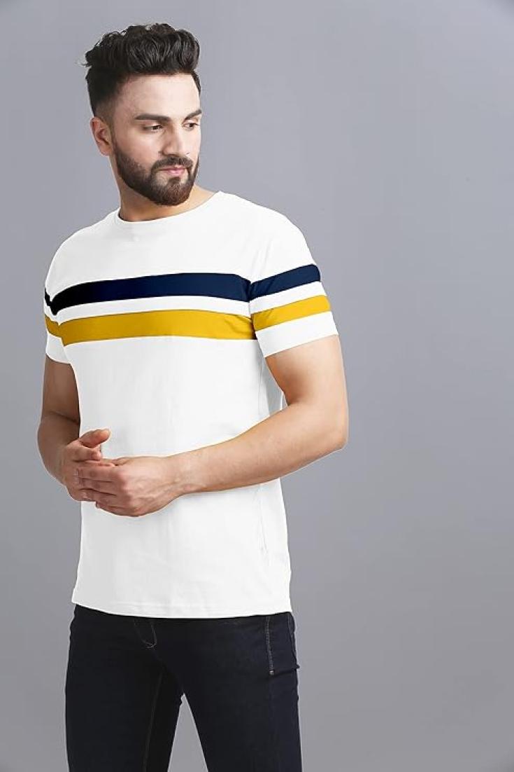 AUSK T-shirt for Mens Double Stripes on Chest in White Color