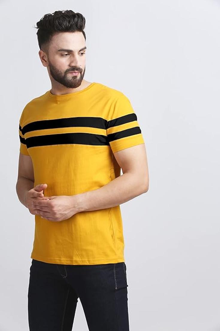 AUSK T-shirt for Mens Double Stripes on Chest in Yellow Color